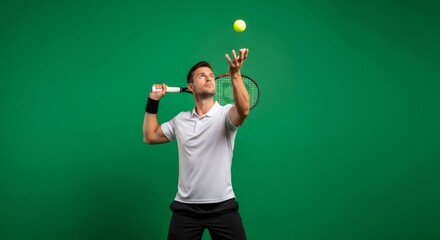 Male tennis player serving in action. Sport activity on green screen, isolated for chromakey. Athlete playing racket sport.