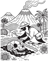 Penguin Archaeologist Coloring Page with Volcano Fossil Digging Adventure and Prehistoric Bones Printable Line Art