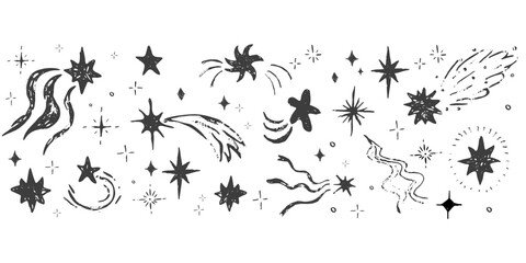 Star border spark crayon bling falling stars textured hand drawn divider. Simple chalk festive shiny space elements, festive lights  © Alyona