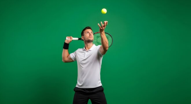 Male tennis player serving in action. Sport activity on green screen, isolated for chromakey. Athlete playing racket sport.