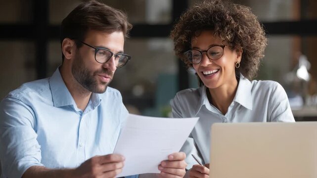 Diverse professionals discussing project details while reviewing documents on laptop in modern office environment during afternoon