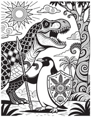 Penguin Warrior Coloring Page with Dinosaur Shield Spear and Fantasy Prehistoric Battle Scene Printable Line Art