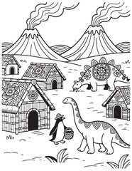 Penguin Dinosaur Village Coloring Page with Volcano Stegosaurus Brachiosaurus and Prehistoric Huts Printable Line Art