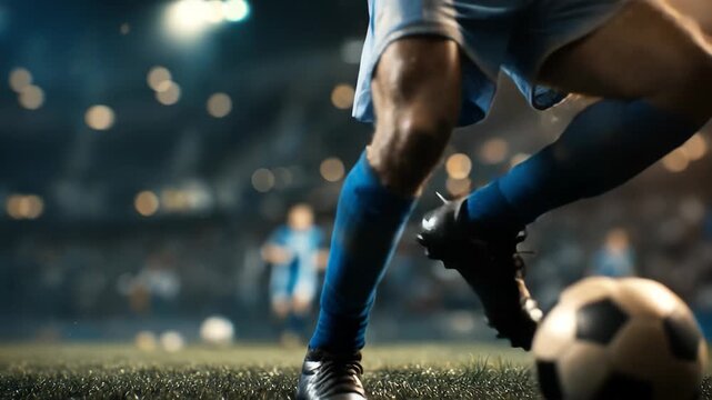 Close up of an athlete skillfully playing soccer during a competitive match on a rainy night in a vibrant stadium filled with cheering fans