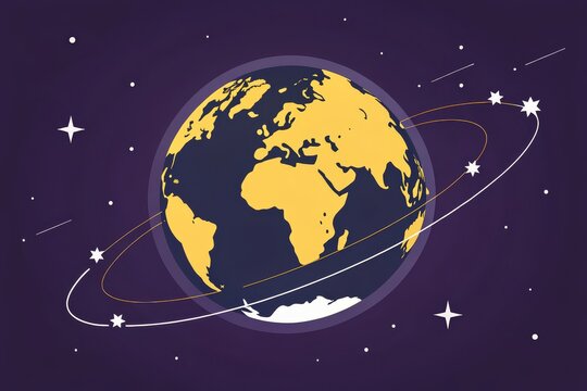 Vibrant stylized Earth orbits through a starry cosmos with dynamic orbital paths and shining celestial bodies