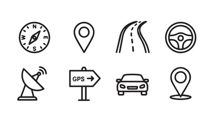 Collection of navigation and travel icons including compass map pin road car and steering wheel vector