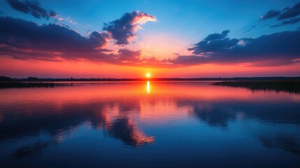 Sunset on the lake with vibrant colors reflecting in the water, creating a peaceful natural scene.