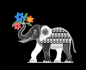 Cute elephant with a bouquet of flowers in its trunk 