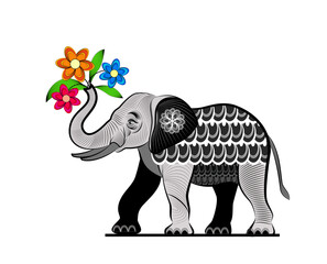 A cheerful elephant with a bouquet of flowers and decorative elements