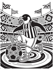 Penguin Soccer Coloring Page with Stadium Ball Sports Jersey and Fun Football Fantasy Printable Line Art