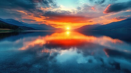 Sunset on the lake with vibrant colors reflecting in the water, creating a peaceful natural scene.