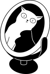 A black and white illustration of a cat looking in a mirror