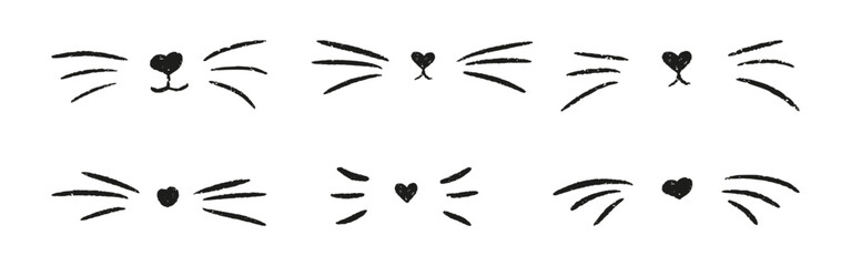 Cat and dog face or nose illustration, cute pet icon vector. Animal logo is perfect for a doodle silhouette. For a kitten or puppy outline with whiskers and heart, crayon drawing is funny and simple.