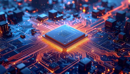 An illustrative, high-tech rendering of a central processing unit (CPU) glowing on a circuit board, showing microchips, wiring