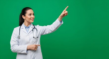 Woman doctor pointing on green screen background. Cheerful medical professional presenting concept. Chroma key for advertising.