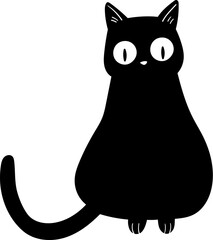 A black cat silhouette with large white eyes sits on a white background