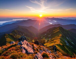 Majestic Mountain Sunrise Landscape with Misty Valleys