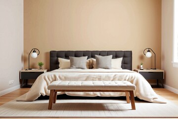 Cozy bedroom interior with a big comfortable bed and a bench near a beige wall