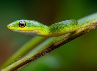 Obraz premium Intimate close-up captures a tiny vibrant green snake gracefully slithering, showcasing its delicate scales and natural habitat with stunning detail and vivid color.
