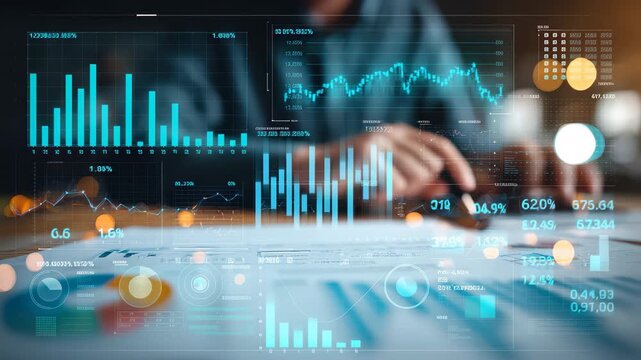 Businessman analyzes financial KPI dashboard and metrics in modern office environment during late afternoon hours