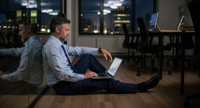 Dedicated businessman working late at night in a modern office, sitting on the floor using a laptop, reflecting long hours and focus.
