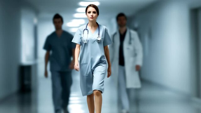 Healthcare professionals move through hospital hallway focused on patient care in a bustling medical environment