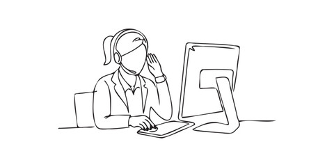 Single continuous line drawing of a call center woman wearing a headset and working at a computer. Minimalist one line art of customer support representative, or business communication concept.
