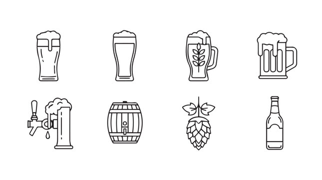 Collection of simple line icons representing beer glasses keg hops and bottle vector