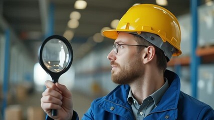 Inspector in hard hat examining with magnifying glass in factory warehouse