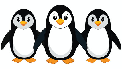 Fototapeta premium Three Cartoon Penguins Standing Together Side by Side White Background cute adorable