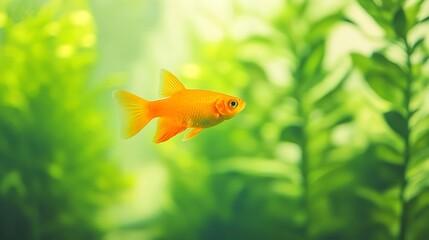 A vibrant orange goldfish swims gracefully in a lush green aquarium