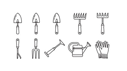 Collection of hand-drawn gardening tools including shovels rakes forks and watering can vector