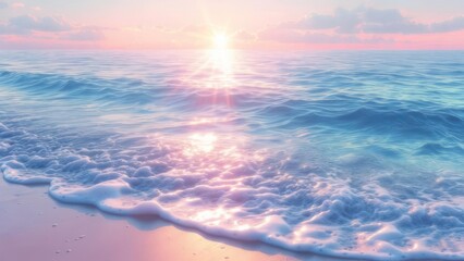 Obraz premium Serene Ocean Sunrise with Gentle Waves on a Sandy Beach.