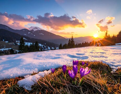 Mountain sunset with crocuses
