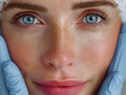 A woman with striking blue eyes and freckles is gently touched by gloved hands in a skincare treatment.