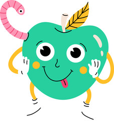 A cartoon apple with a worm coming out of it
