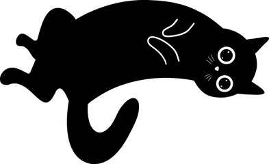 A cartoon black cat is lying on its back with white eyes and whiskers