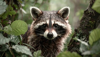 Playful Adorable raccoon. Cute raccoon animal in spring nature season