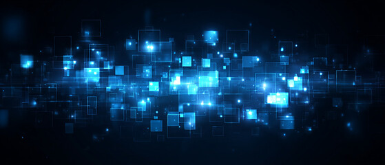 Abstract blue tech background featuring glowing squares and light effects, perfect for Cyber Monday discount promotions and digital marketing campaigns with copy space