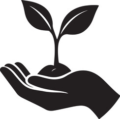 Plant in Human Hand Silhouette Icon. Tree plantation, Ecological organic seeding, plant growth vector icon design.