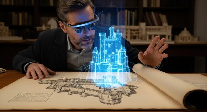 Innovative architect uses AR glasses to visualize a detailed holographic 3D building model on a blueprint, merging technology and design.