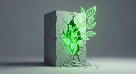 Vibrant glowing green plant emerging from cracked concrete block, symbolizing sustainable growth, innovation, and environmental resilience