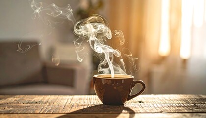 A steaming cup of coffee on a wooden table in a sunlit room