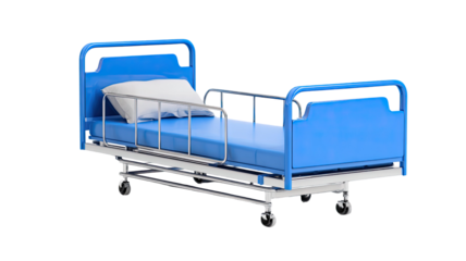 Blue hospital bed medical furniture adjustable patient care equipment for clinic healthcare facility isolated on white background