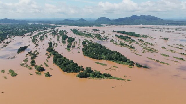 Aerial view of mekong river during monsoon season in Don det