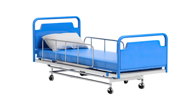 Blue hospital bed medical furniture adjustable patient care equipment for clinic healthcare facility isolated on white background