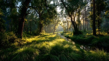 Fototapeta premium Ethereal photograph of a sun-drenched green forest in springtime, with golden sunlight streaming through the canopy and casting long shadows.