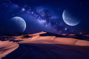 Desert Nightscape with Twin Moons and Milky Way