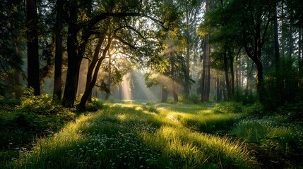 Obraz premium Ethereal photograph of a sun-drenched green forest in springtime, with golden sunlight streaming through the canopy and casting long shadows.