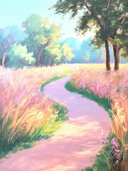 A Painting With Pathway Through a Field of Flowers